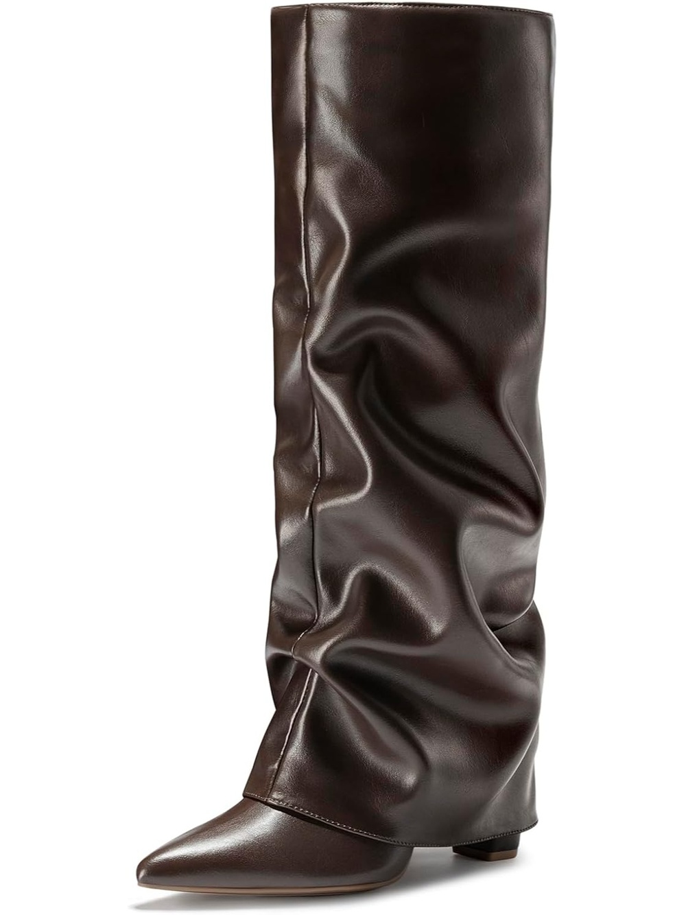 Women's Brown Pointed Toe Shark Slouchy Fold Over Tall Block Heel Knee High Boot